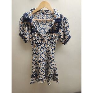 Free People Floral Puff Sleeve Mini Dress Navy White Orange XS Button Front